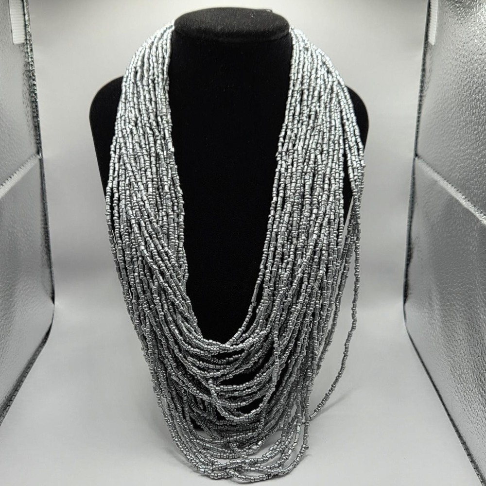 Unbranded Statement Necklace Women OS Silver Gray Good 31 Strand Seed Bead Bib